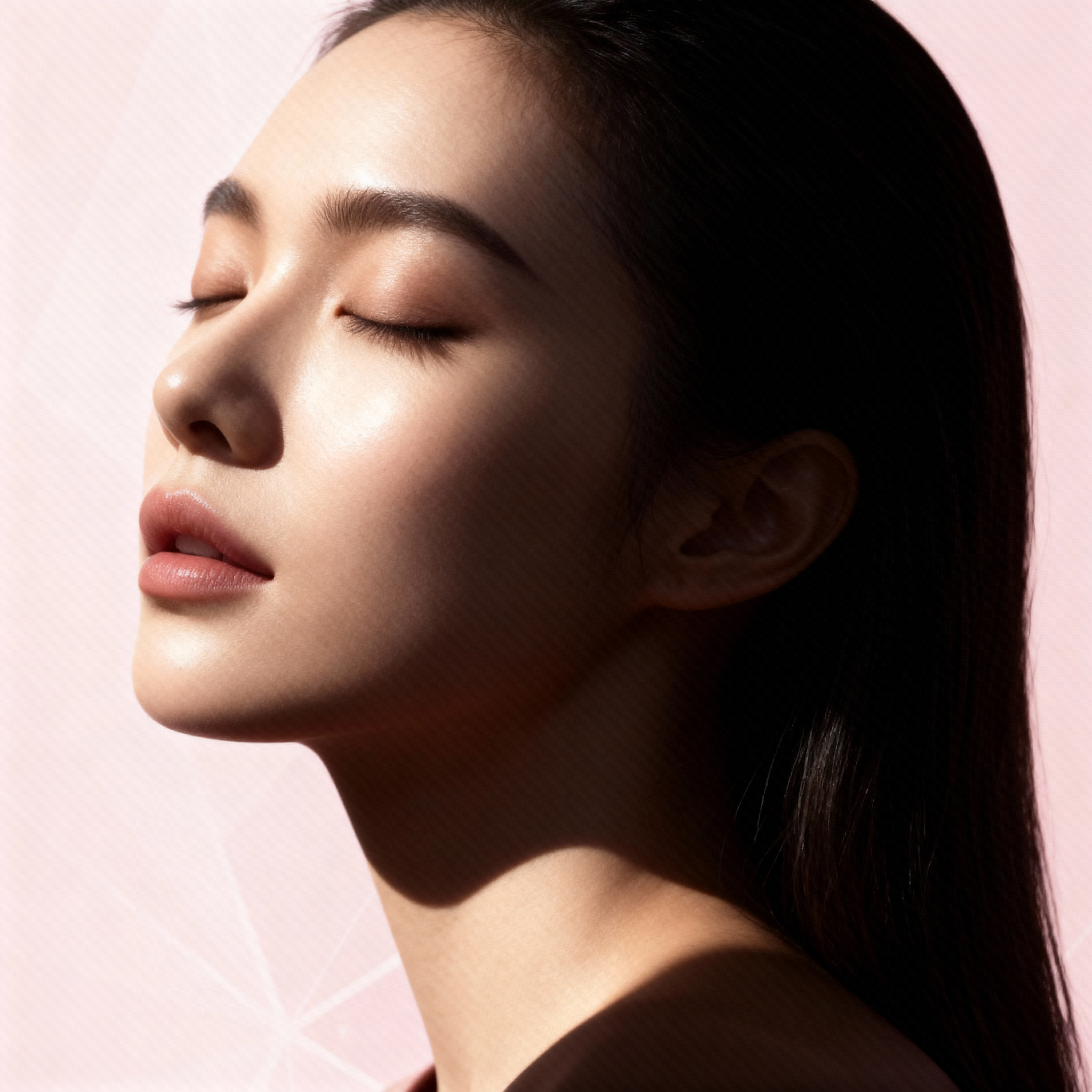 Woman with plump, naturally radiant skin against a pale pink background