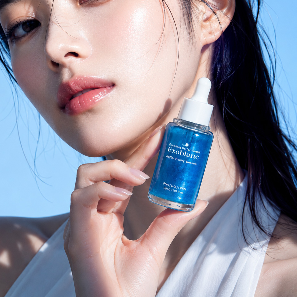Woman with smooth, naturally radiant skin holding an Exoblanc dropper bottle