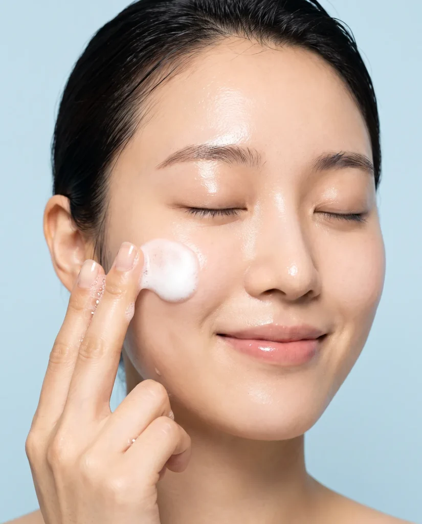 Woman applying Exoblanc cleanser foam to hydrated, glowing skin