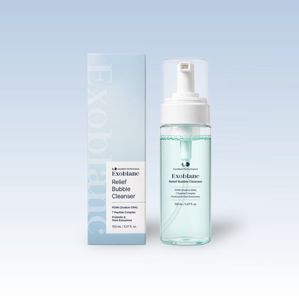 Exoblanc Relief Bubble Cleanser pump bottle and box