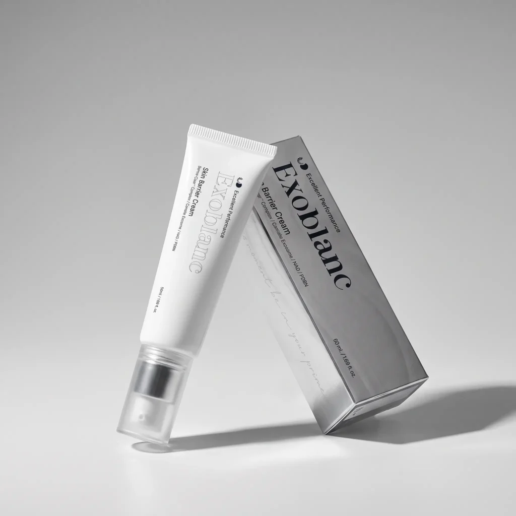 Exoblanc Skin Barrier Cream tube leaning on its carton