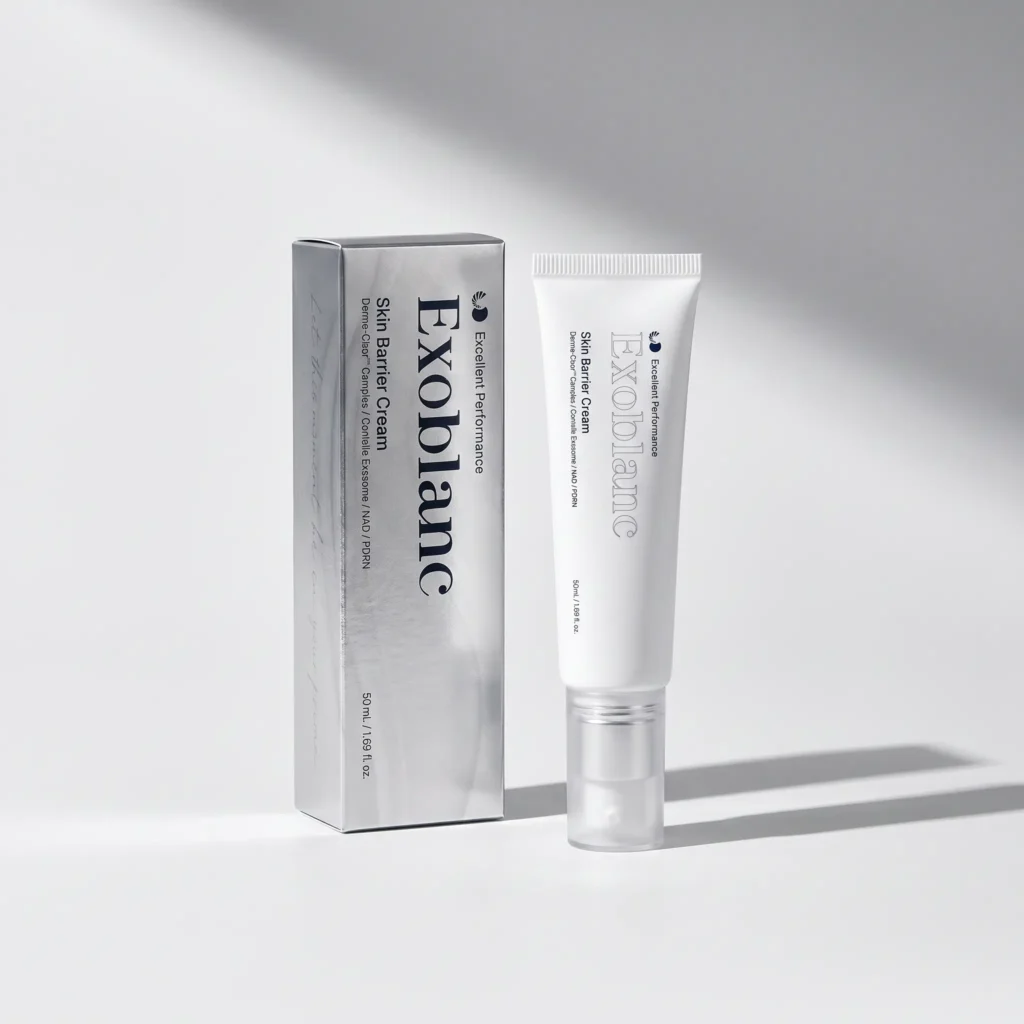 Exoblanc Skin Barrier Cream tube beside its silver carton