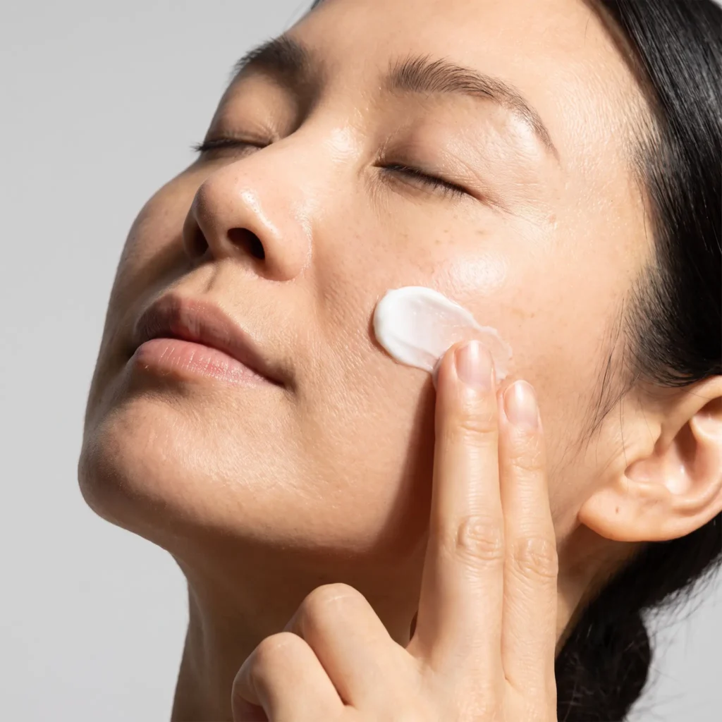 Woman applying Exoblanc Skin Barrier Cream to her cheek