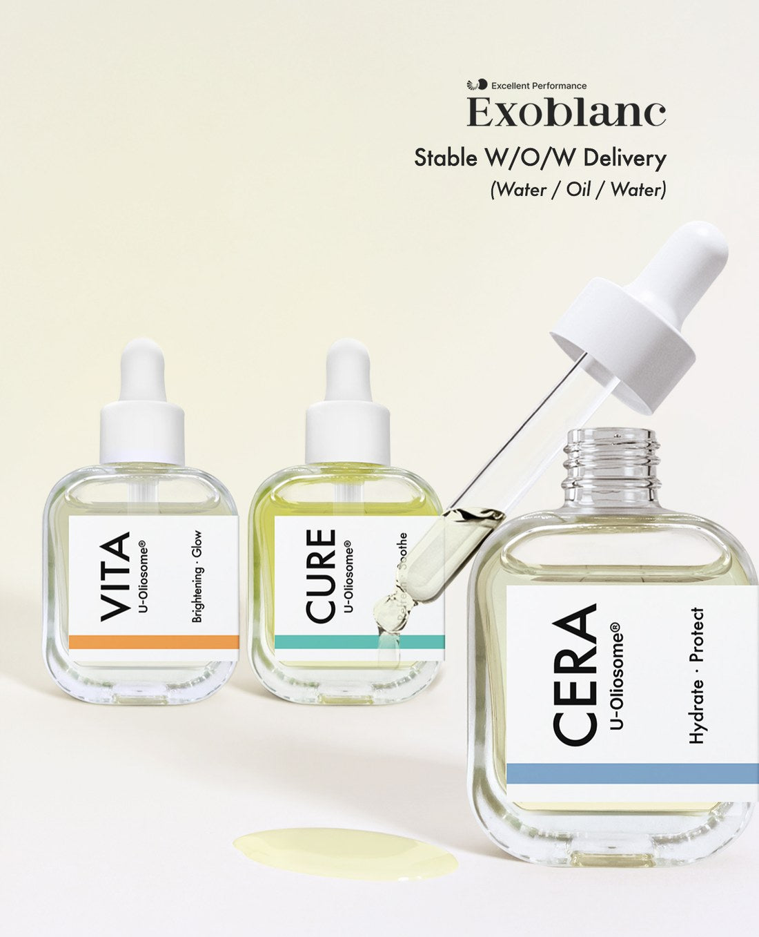 Exoblanc Oil VITA, CURE and CERA bottles with a dropper