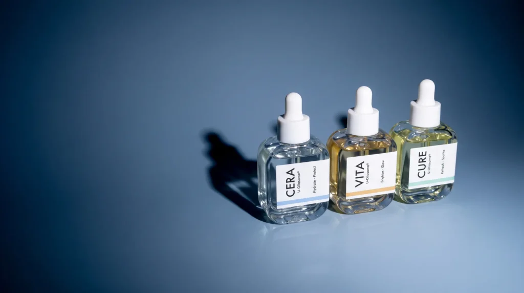 Exoblanc Oil CERA, VITA and CURE bottles on a blue backdrop